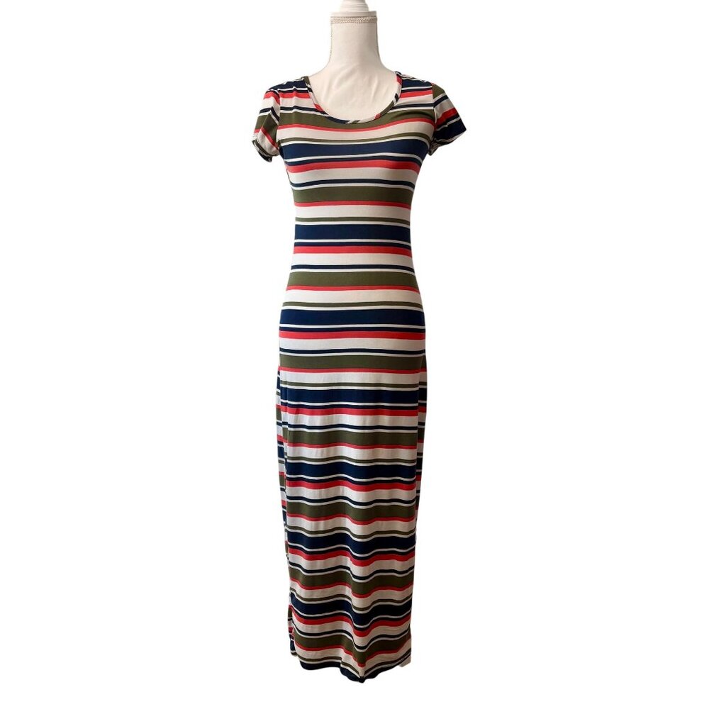 Multicolor Striped Boho Revival Short Sleeve Festival Maxi Dress TMG New York S